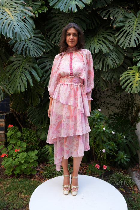 VESTIDO ROSA CAMPESINO BOMBACHO