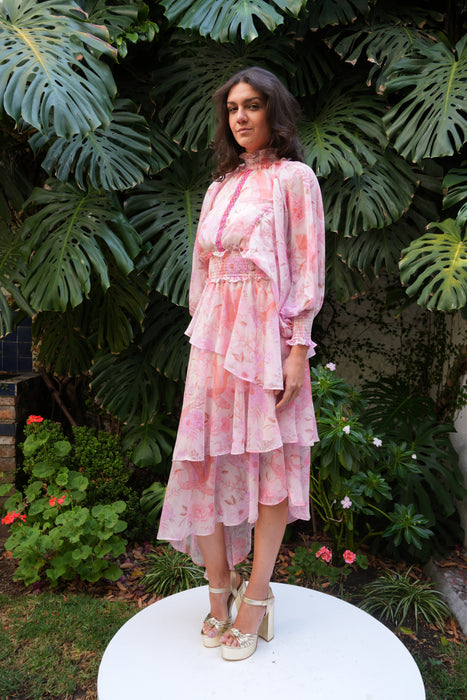 VESTIDO ROSA CAMPESINO BOMBACHO