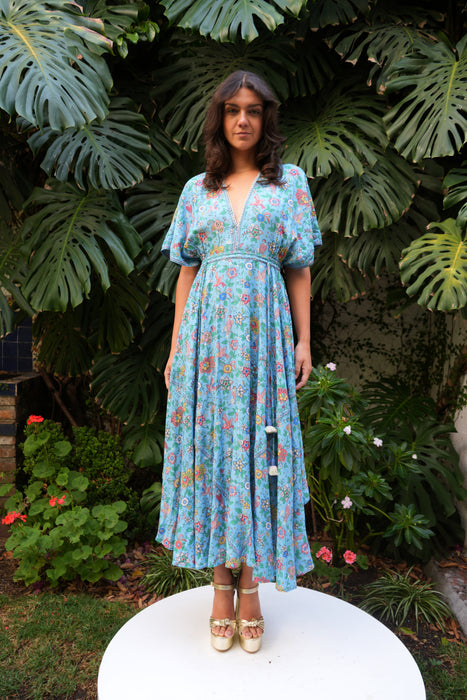 VESTIDO AZUL LARGO ESTAMPADO FLORES