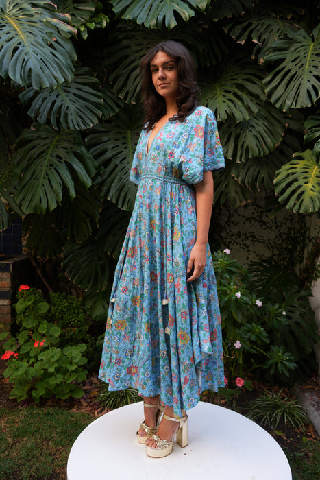 VESTIDO AZUL LARGO ESTAMPADO FLORES