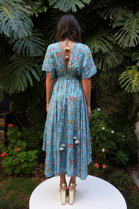 VESTIDO AZUL LARGO ESTAMPADO FLORES